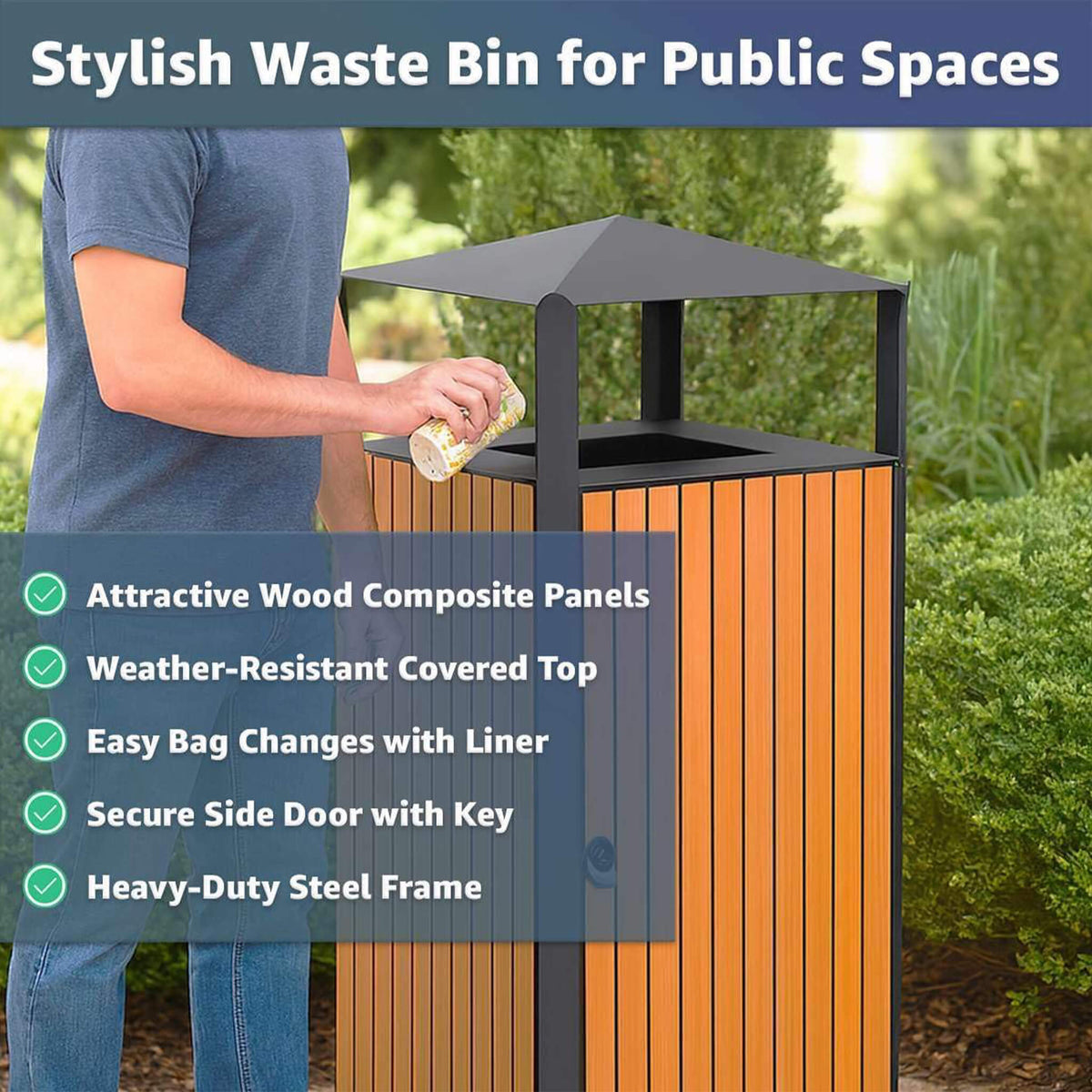 Heavy-duty 49-gallon commercial outdoor trash can with covered top by SAKSBY WHOLESALE, designed for outdoor waste disposal.