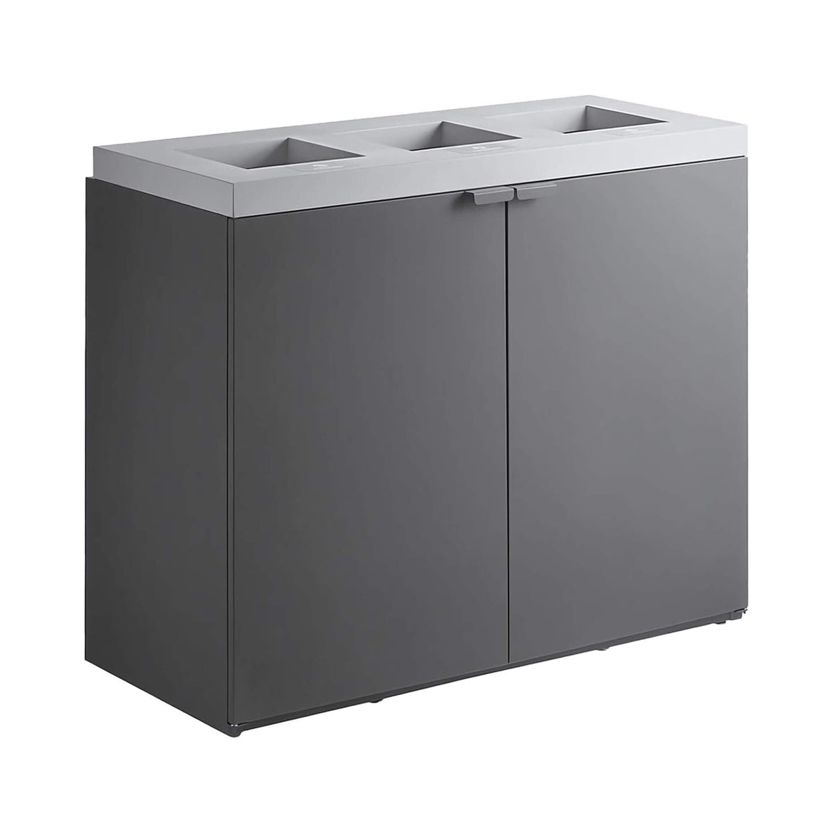 Heavy-duty 86-gallon steel commercial trash can cabinet with three-stream design by SAKSBY WHOLESALE.