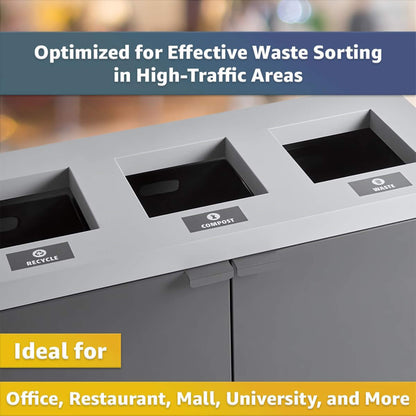Heavy-duty 86-gallon steel commercial trash can cabinet with three-stream design by SAKSBY WHOLESALE.
