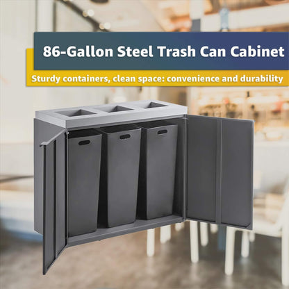 Heavy-duty 86-gallon commercial steel three-stream trash can cabinet by SAKSBY WHOLESALE, designed for waste separation and durability.