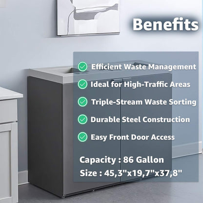Heavy-duty 86-gallon commercial steel three-stream trash can cabinet by SAKSBY WHOLESALE, with three separate waste compartments.