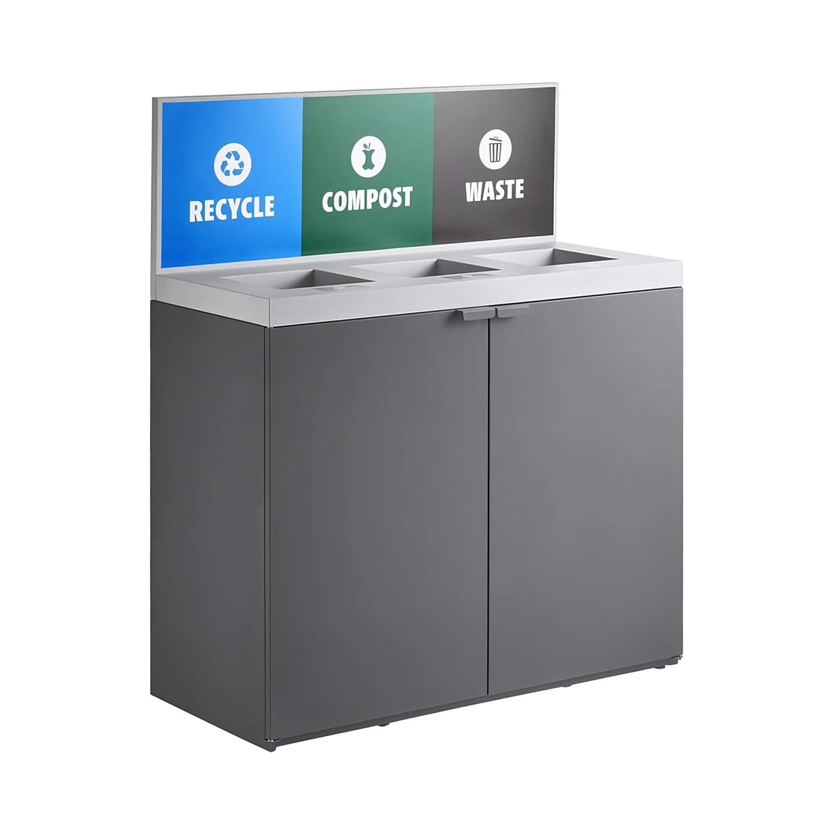 Heavy-duty 86-gallon steel three-stream trash can cabinet with panel, commercial grade by SAKSBY WHOLESALE.