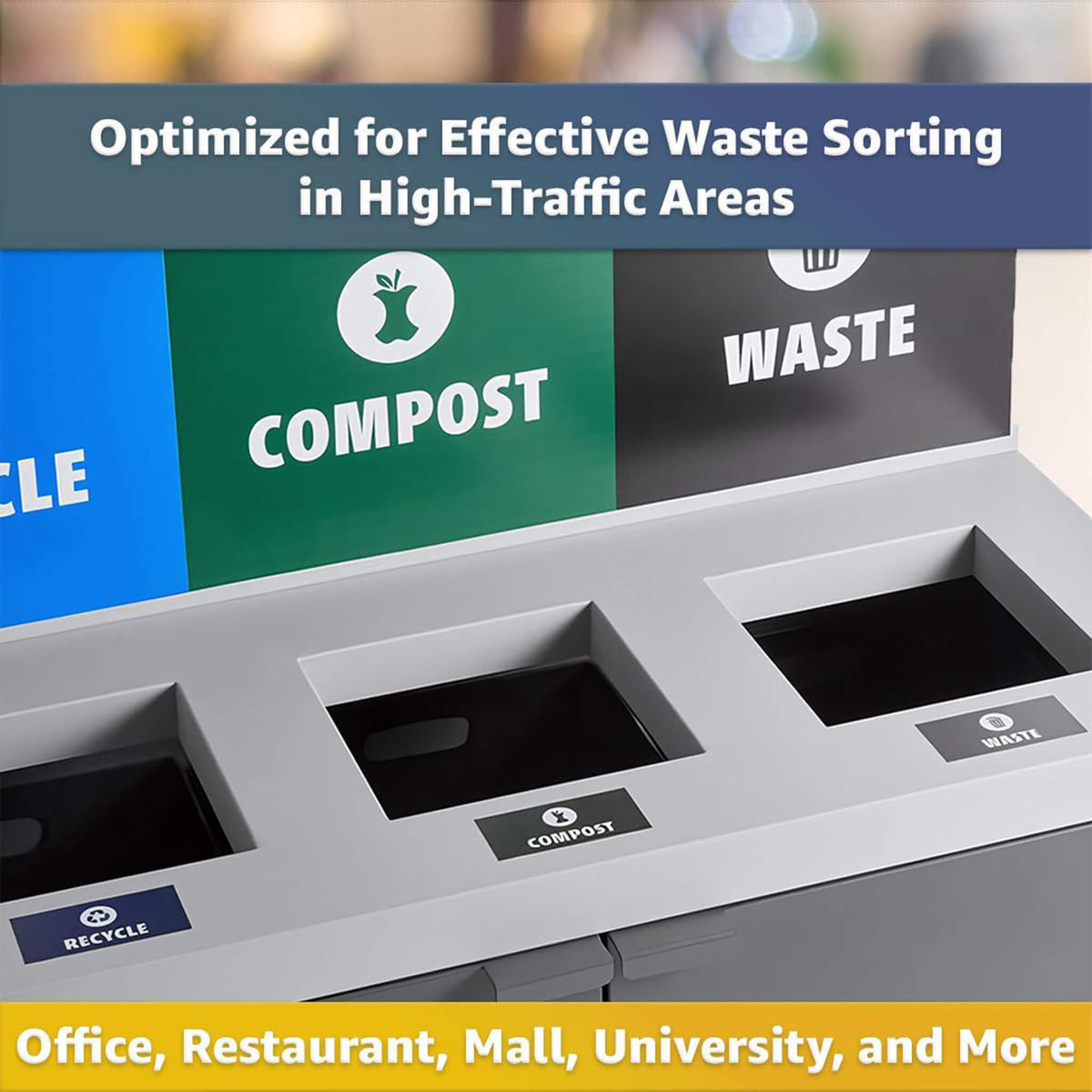 Heavy-duty 86-gallon steel commercial trash can cabinet with three-stream divider and panel by SAKSBY WHOLESALE.