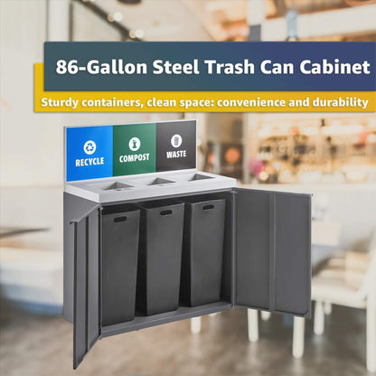 Heavy-duty 86-gallon commercial steel three-stream trash can cabinet with panel by SAKSBY WHOLESALE.