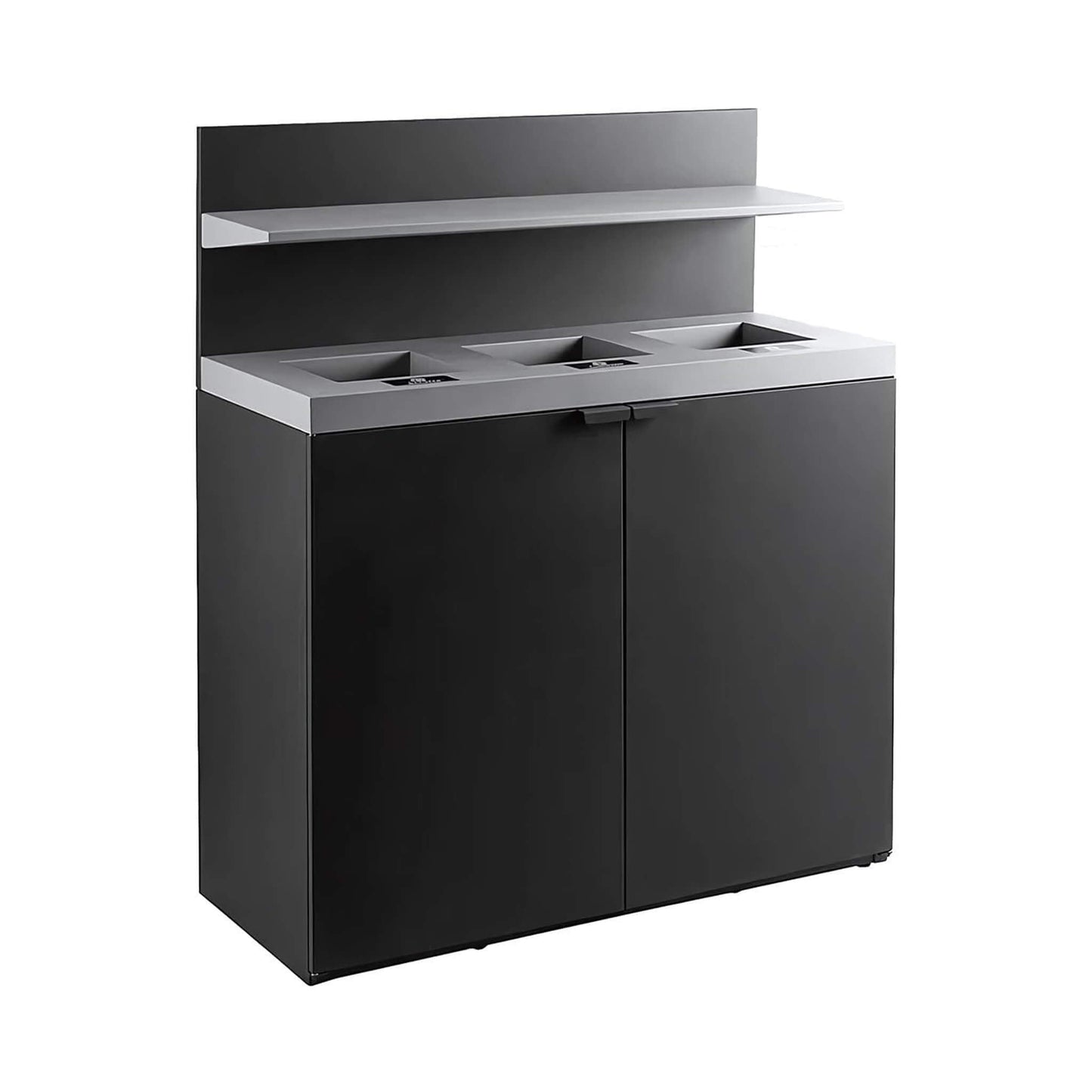 Heavy-duty 86-gallon steel three-stream commercial trash can cabinet with tray holder, durable waste management solution.