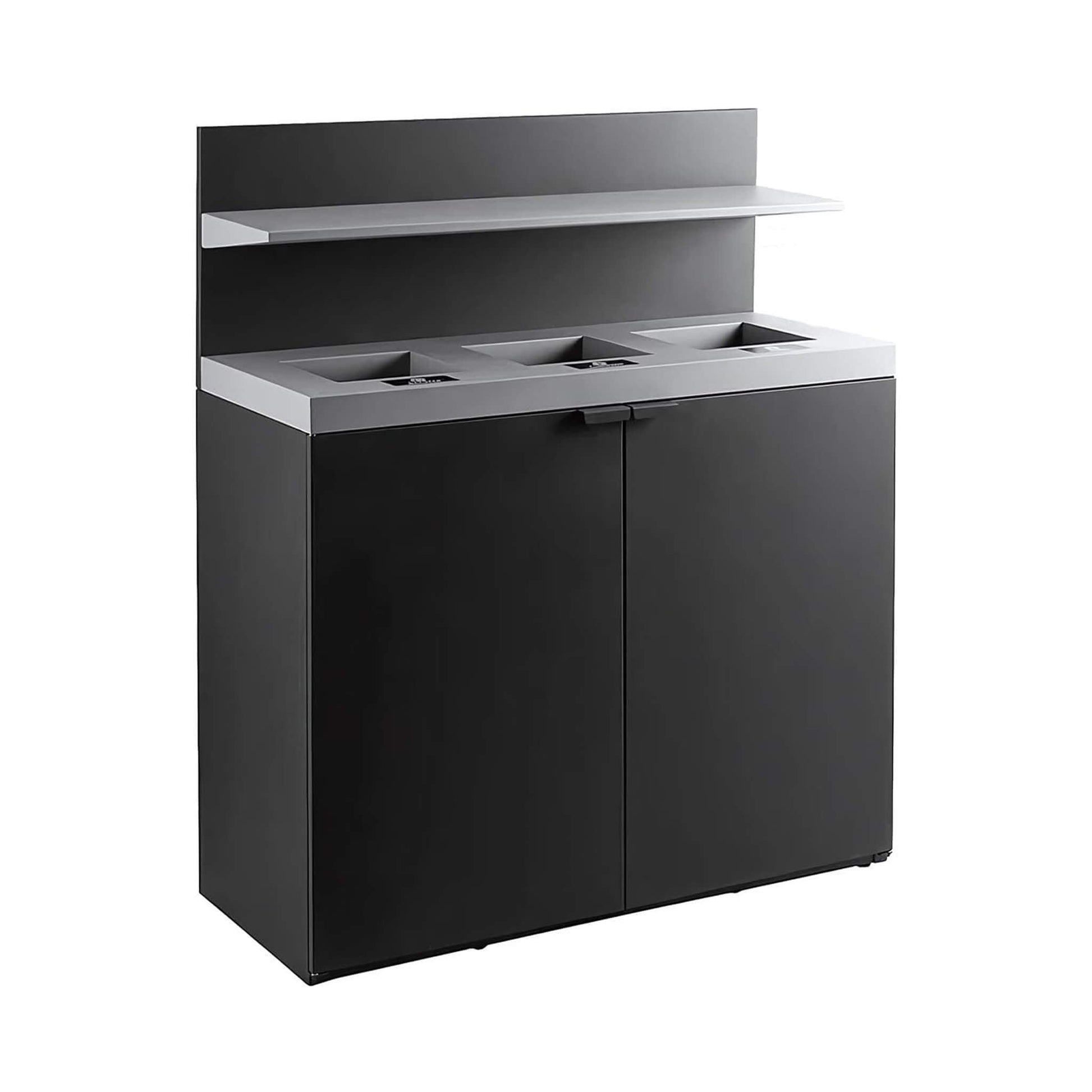 Heavy-duty 86-gallon steel three-stream commercial trash can cabinet with tray holder, durable waste management solution.