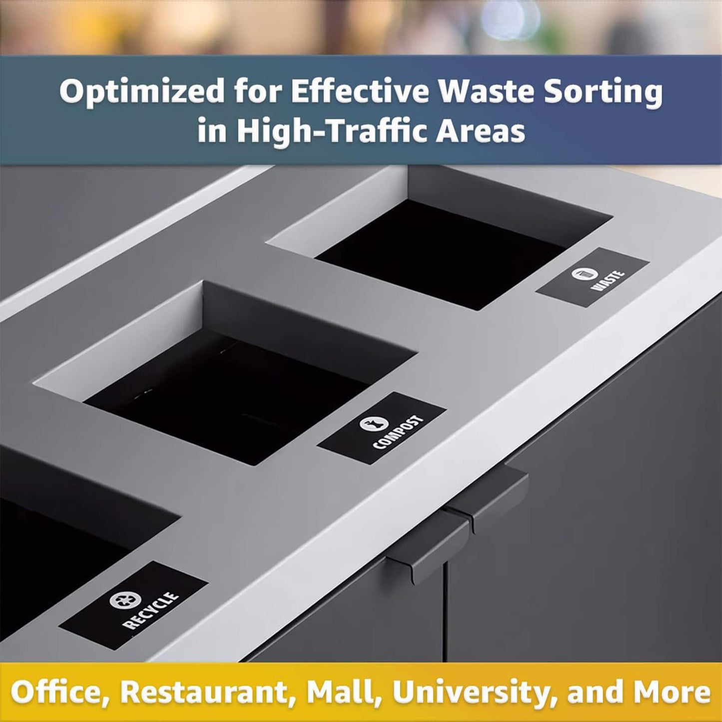 Heavy-duty steel 86-gallon commercial trash can cabinet with three-stream design and tray holder, ideal for waste management.