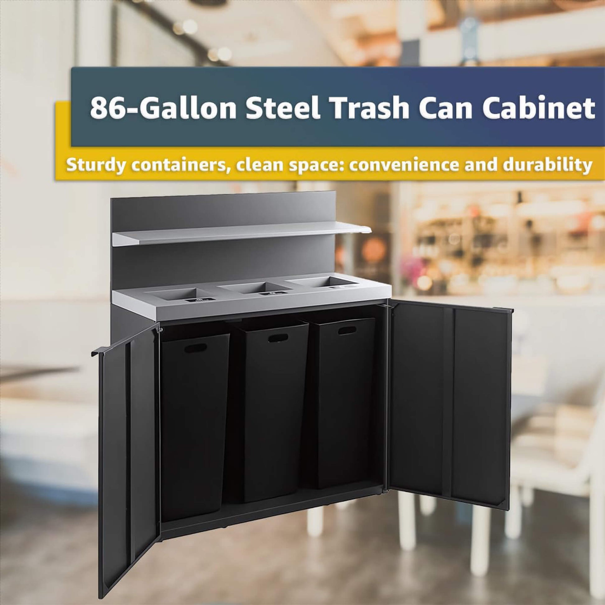 Heavy-duty 86-gallon steel commercial trash can cabinet with three-stream compartments and tray holder by SAKSBY WHOLESALE.