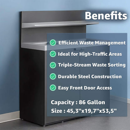 Heavy-duty 86-gallon steel three-stream commercial trash can cabinet with tray holder, durable waste management solution.