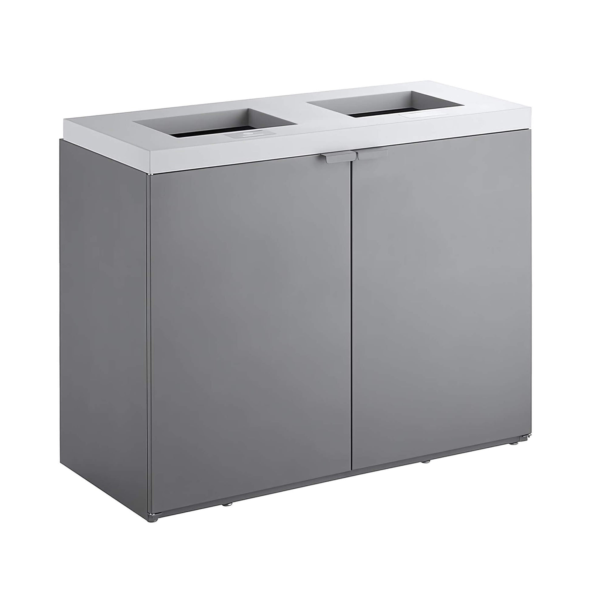 Heavy-duty steel 86-gallon commercial trash can cabinet by SAKSBY WHOLESALE with two-stream design for waste separation.