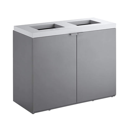 Heavy-duty steel 86-gallon commercial trash can cabinet by SAKSBY WHOLESALE with two-stream design for waste separation.