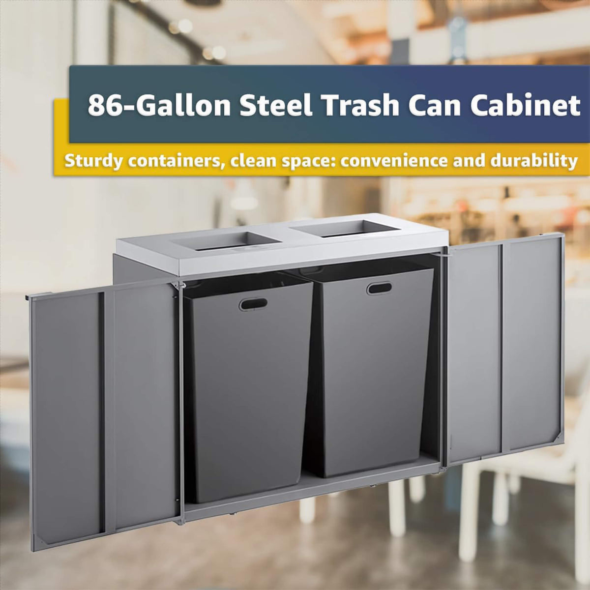 Heavy-duty steel two-stream trash can cabinet from SAKSBY WHOLESALE, 86-gallon capacity for commercial waste management.