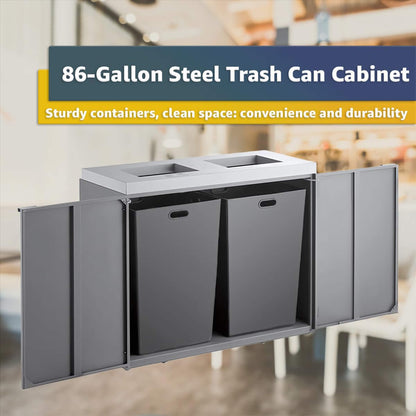 Heavy-duty steel two-stream trash can cabinet from SAKSBY WHOLESALE, 86-gallon capacity for commercial waste management.
