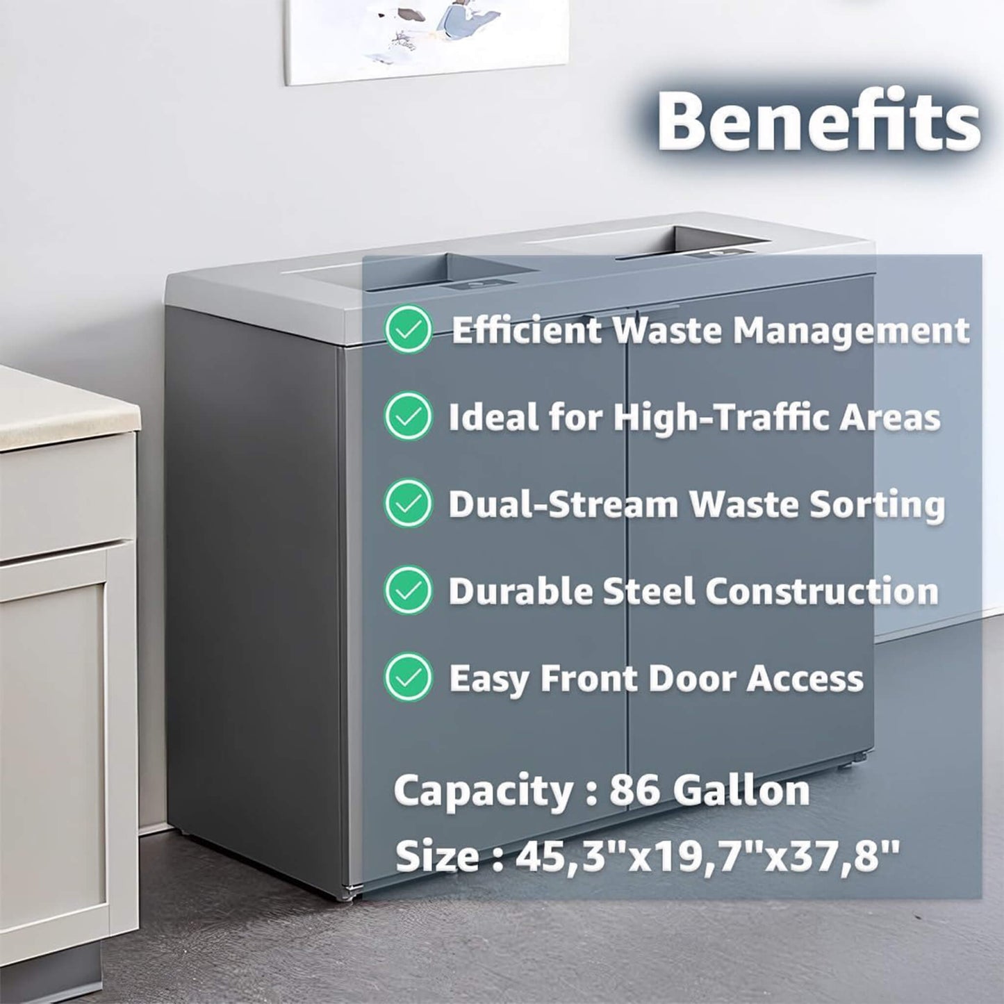 Heavy-duty 86-gallon steel commercial trash can cabinet by SAKSBY WHOLESALE, two-stream design with durable steel construction.