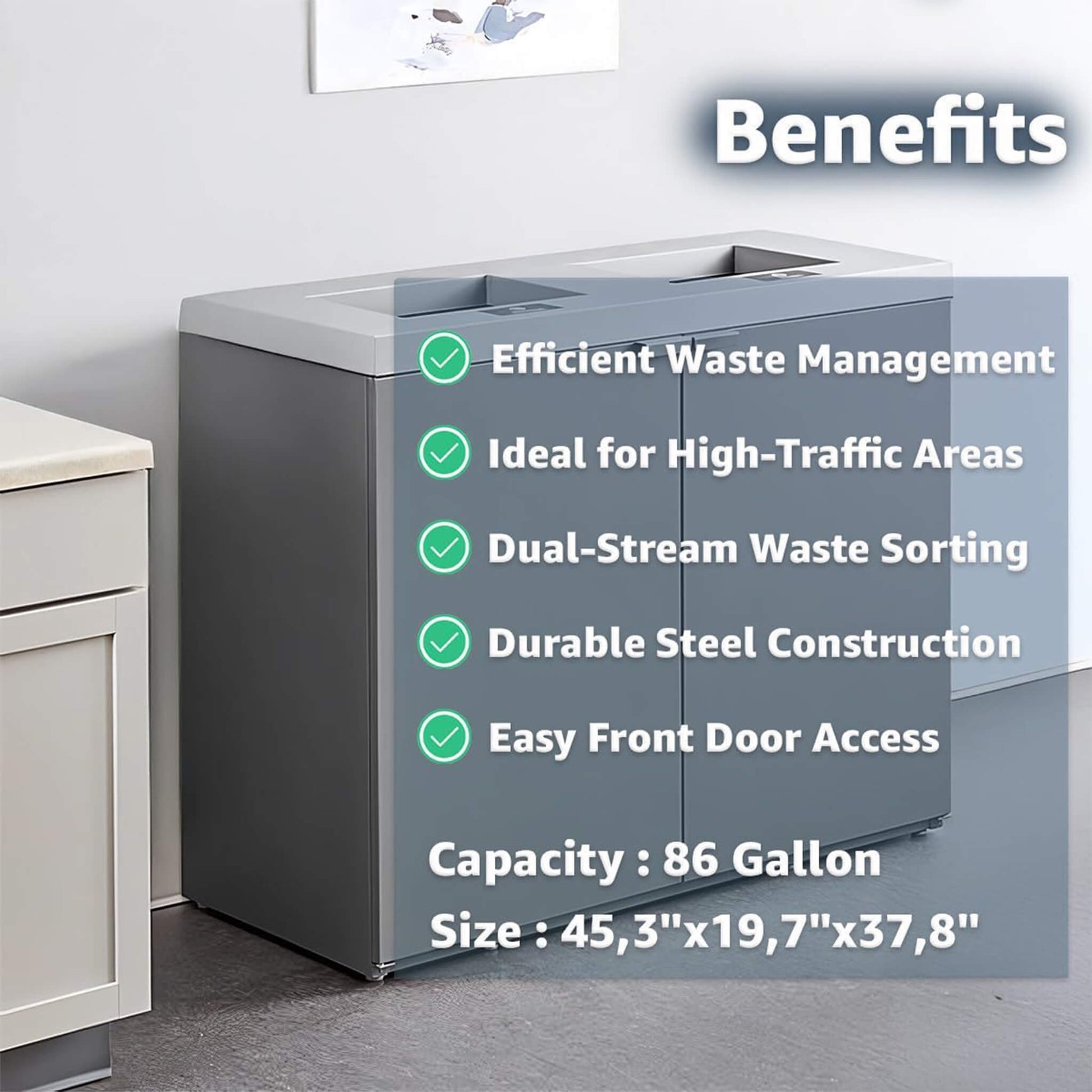 Heavy-duty 86-gallon steel commercial trash can cabinet by SAKSBY WHOLESALE, two-stream design with durable steel construction.