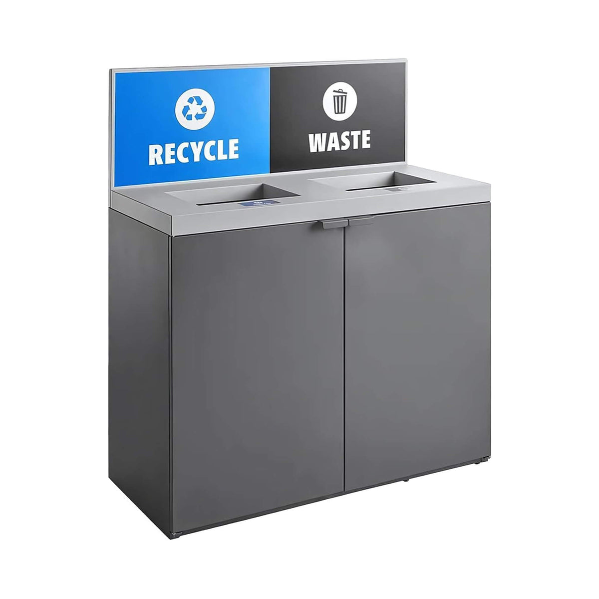 Heavy-duty 86-gallon steel commercial trash can cabinet with two-stream design and panel, by SAKSBY WHOLESALE.