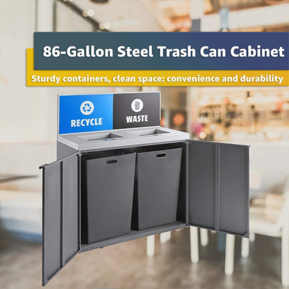 Heavy-duty 86-gallon steel two-stream trash can cabinet with panel, commercial SAKSBY WHOLESALE trash can for waste management.