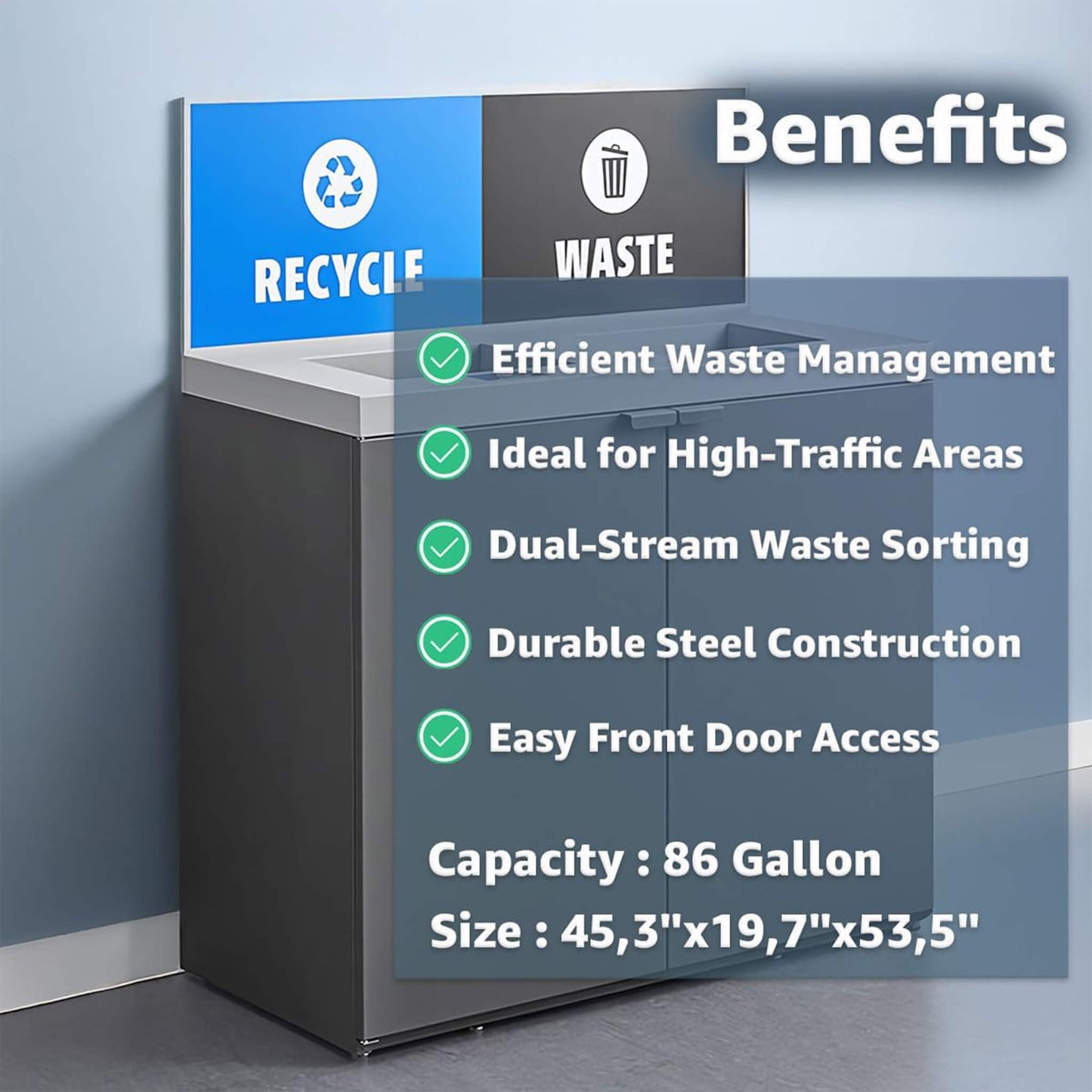 Heavy-duty 86-gallon steel commercial trash can cabinet with two-stream design and side panel by SAKSBY WHOLESALE.