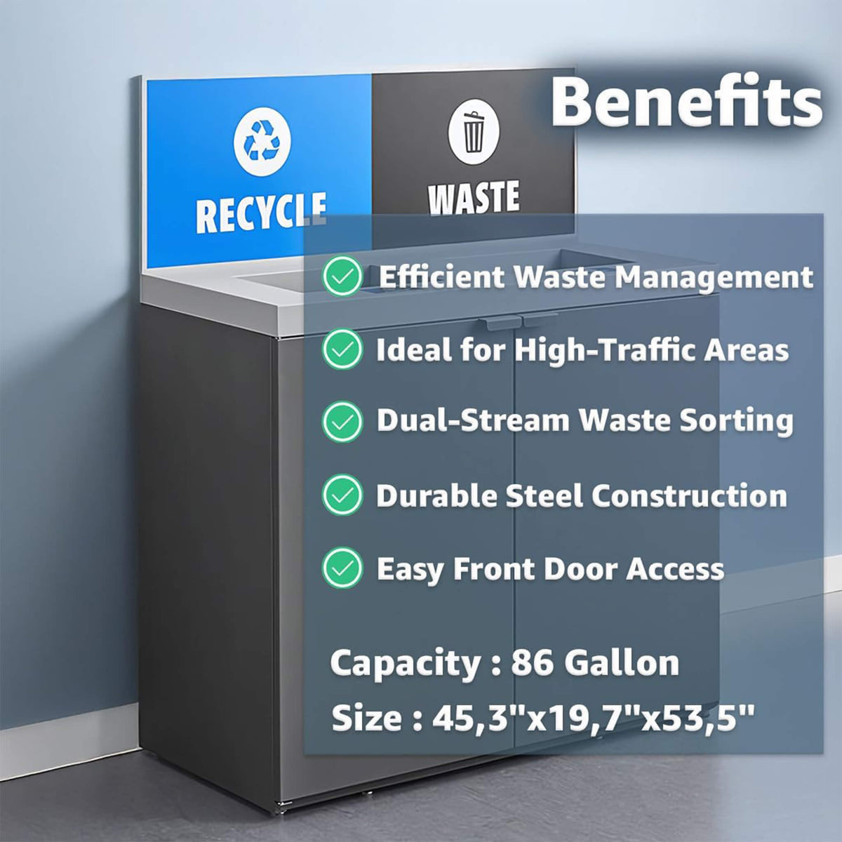 Heavy-duty 86-gallon steel commercial trash can cabinet with two-stream design and side panel by SAKSBY WHOLESALE.