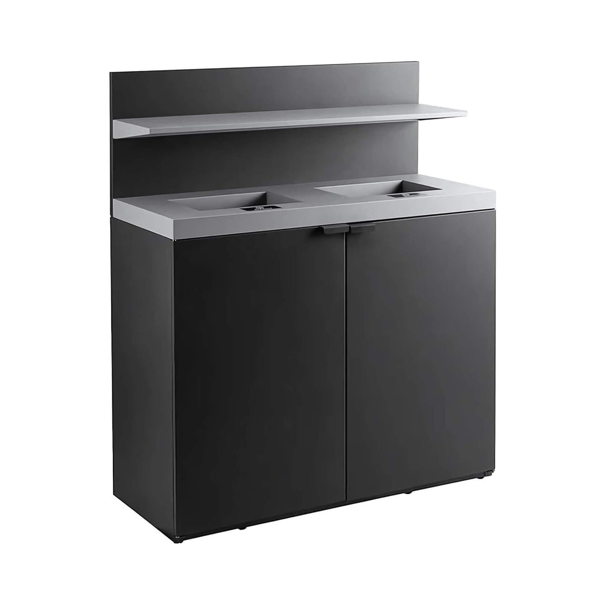 Heavy-duty 86-gallon steel commercial trash can cabinet with two-stream design and tray holder by SAKSBY WHOLESALE.