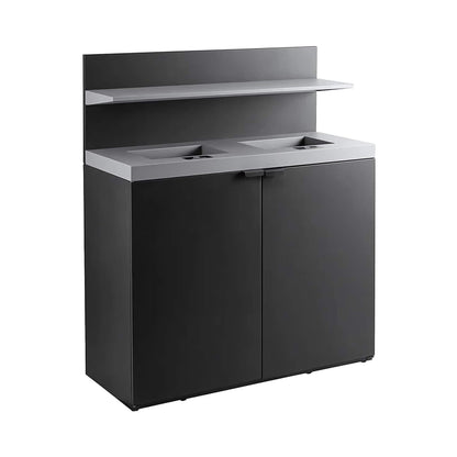 Heavy-duty 86-gallon steel commercial trash can cabinet with two-stream design and tray holder by SAKSBY WHOLESALE.