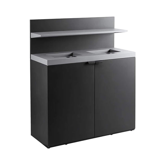 Heavy-duty 86-gallon steel commercial trash can cabinet with two-stream design and tray holder by SAKSBY WHOLESALE.