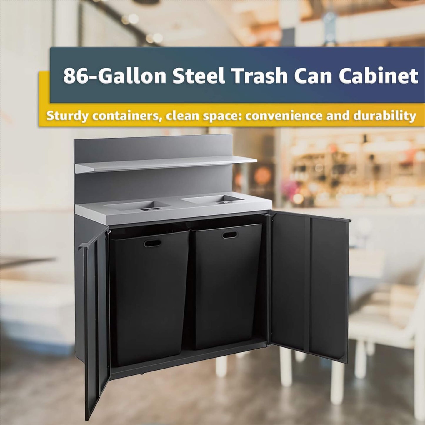 Heavy-duty 86-gallon steel two-stream commercial trash can cabinet with tray holder, durable and functional for waste management.