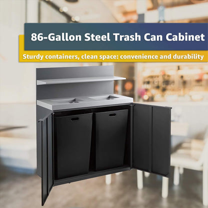 Heavy-duty 86-gallon steel two-stream commercial trash can cabinet with tray holder, durable and functional for waste management.