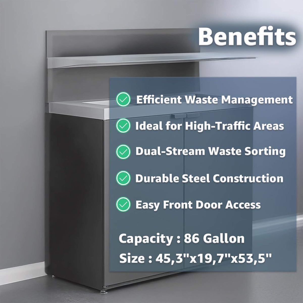 Heavy-duty 86-gallon steel trash can cabinet with two-stream design and tray holder for commercial waste management.
