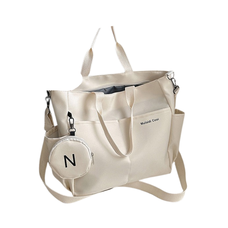 Beige women's Oxford tote crossbody shoulder handbag by LPO with structured design and top handle, ideal for everyday use.