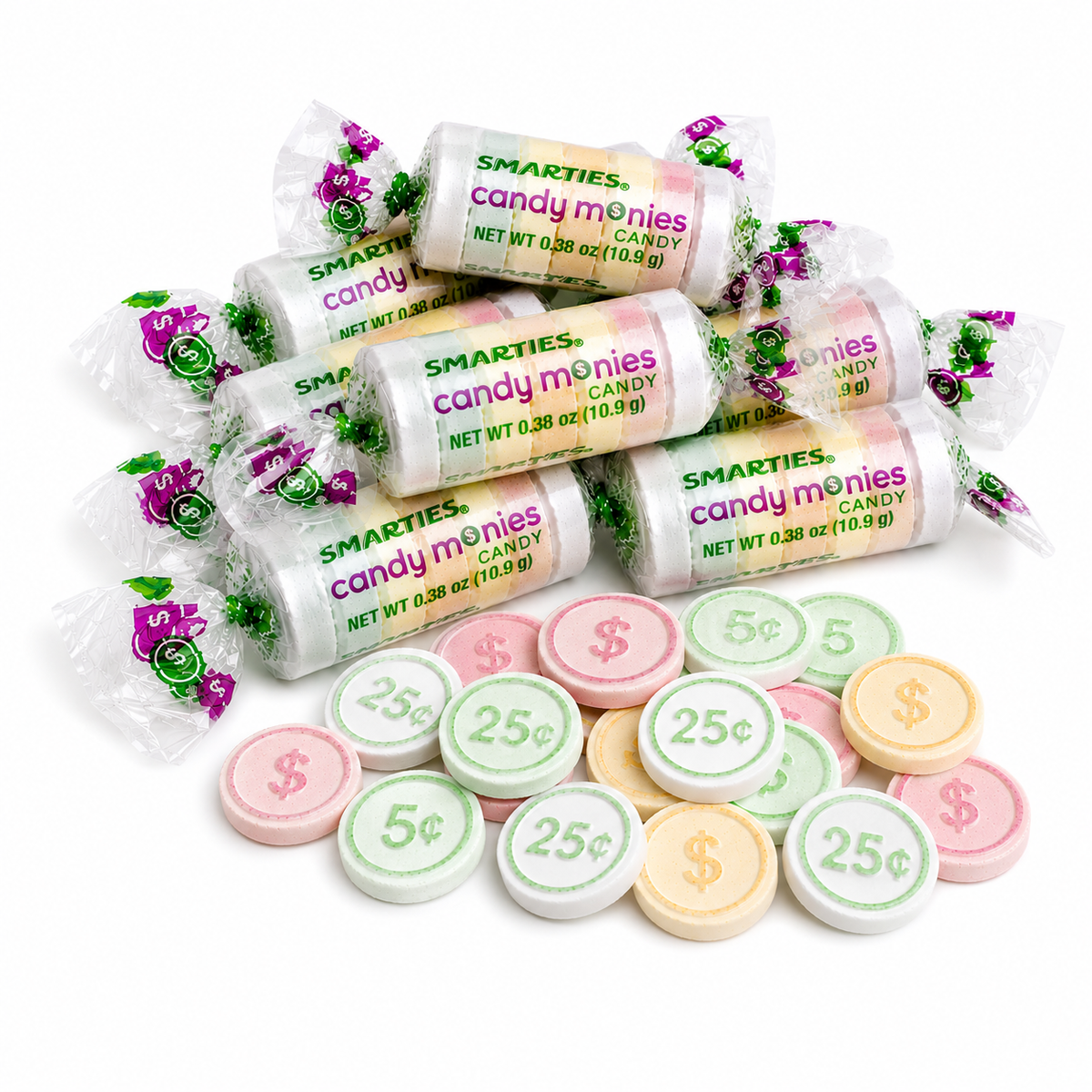 Bright Smarties Candy Roll with money-themed design from Candy In Bulk, shown in a bulk value bag.