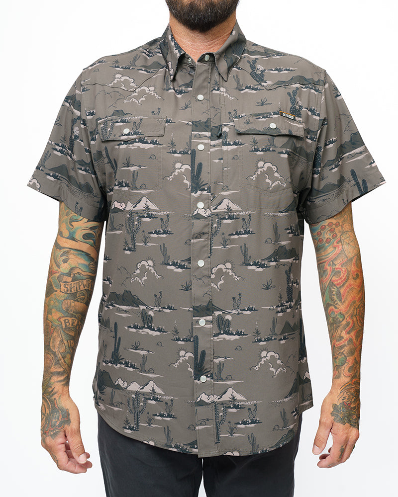 Off The Grid Surplus San Saba SS Shirt in Deadwood color, short sleeve casual shirt with button closure and chest pocket.
