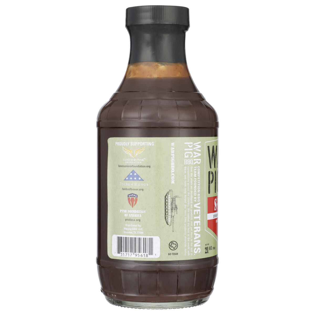Bottle of WarPig BBQ SNAFU Elite BBQ Sauce with label visible, showcasing rich, dark sauce in a clear glass bottle.