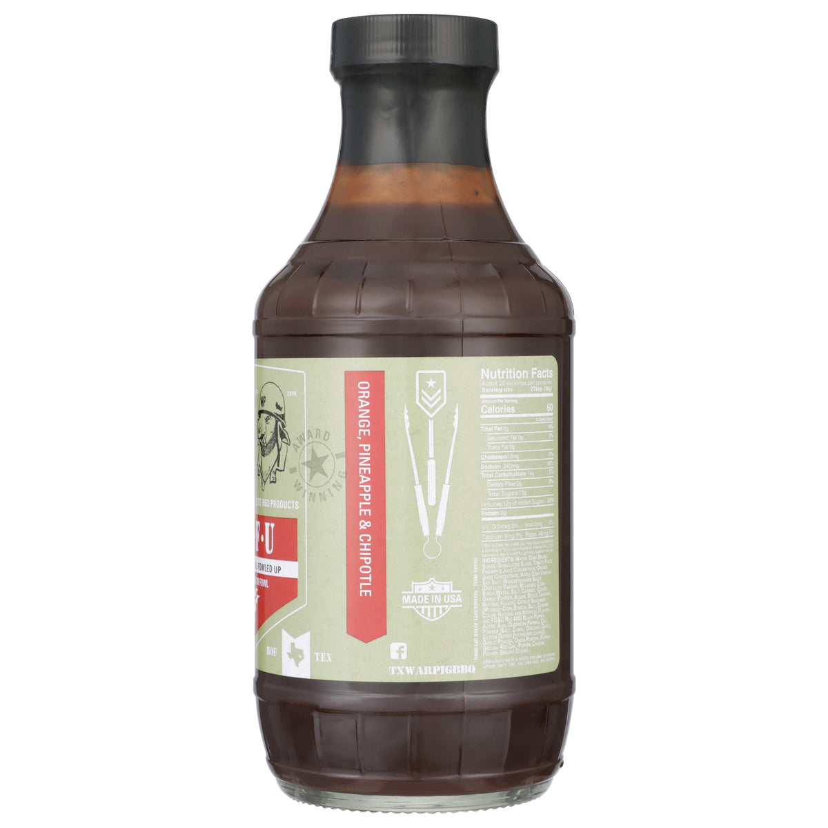 Close-up of SNAFU Elite BBQ Sauce bottle by WarPig BBQ, showing the label and rich, dark sauce inside.