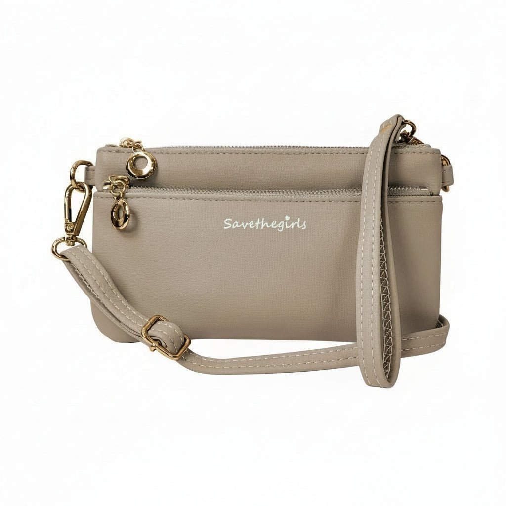 Creamy spice taupe Bella RFID wallet by SaveTheGirls with gold hardware, featuring sleek design and RFID protection.
