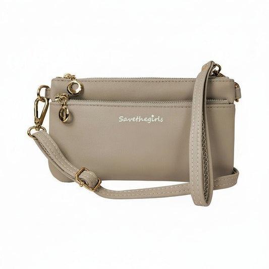 Creamy spice taupe Bella RFID wallet by SaveTheGirls with gold hardware, featuring sleek design and RFID protection.