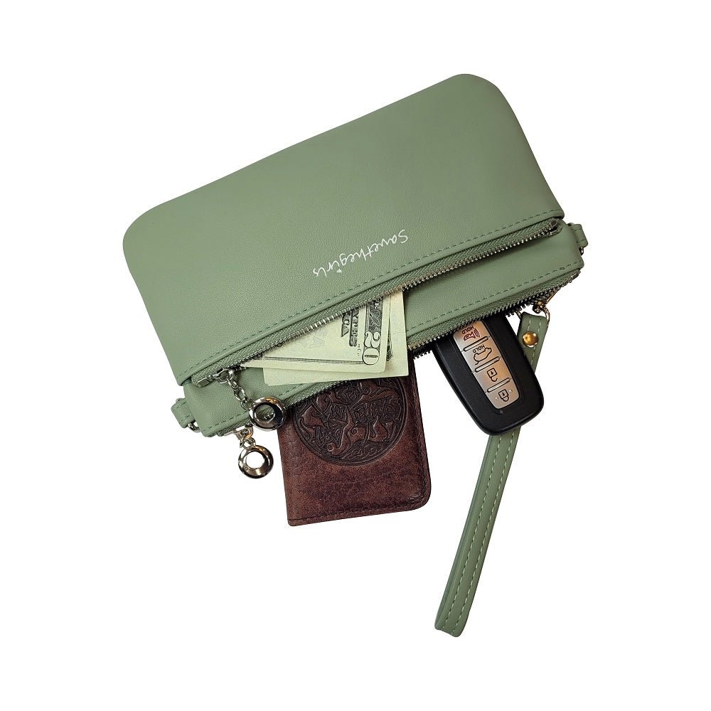 Creamy spice taupe Bella RFID wallet by SaveTheGirls with gold hardware and RFID protection, featuring a sleek design.
