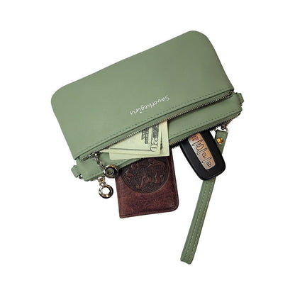 Creamy spice taupe Bella RFID wallet by SaveTheGirls with gold hardware and RFID protection, featuring a sleek design.