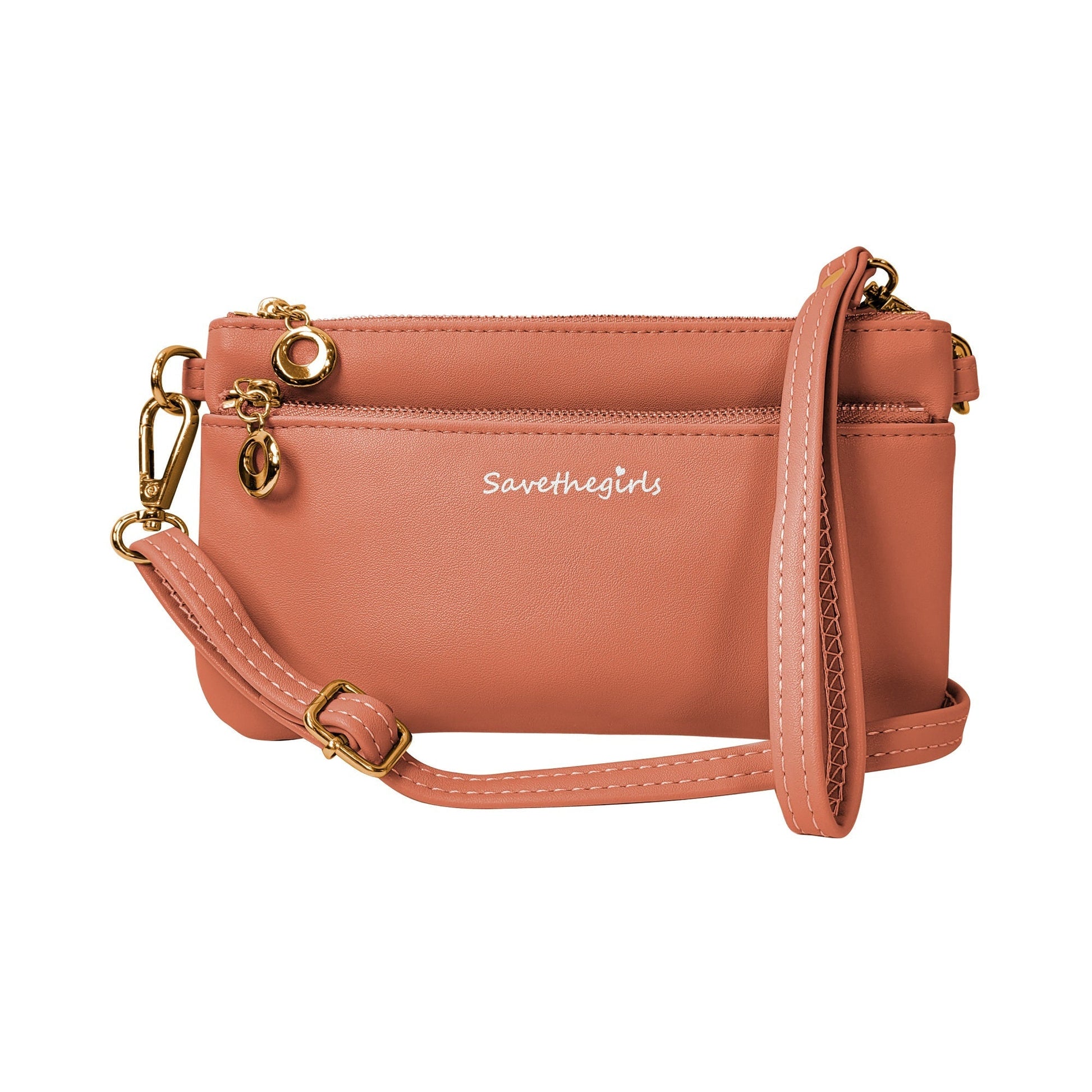 Creamy spice taupe Bella RFID wallet by SaveTheGirls with gold hardware, featuring a sleek design and RFID protection.