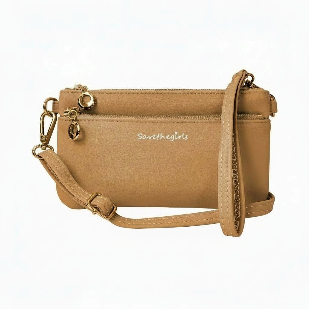 Creamy spice taupe Bella RFID wallet by SaveTheGirls with gold hardware, featuring a sleek design and RFID protection.