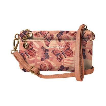 Creamy spice taupe Bella RFID wallet by SaveTheGirls with gold hardware, featuring textured material and multiple card slots.