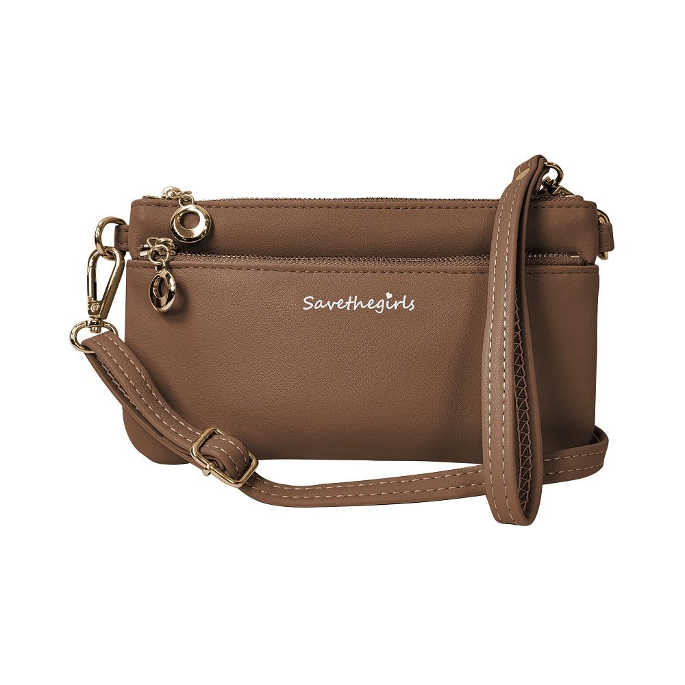 Creamy spice taupe Bella RFID wallet by SaveTheGirls with gold hardware, showing a close-up of the textured leather surface.