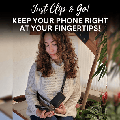 SaveTheGirls Clip & Go Strap with Rose Pouch in brushed vegan leather, gold hardware, and convenient clip for easy carrying.