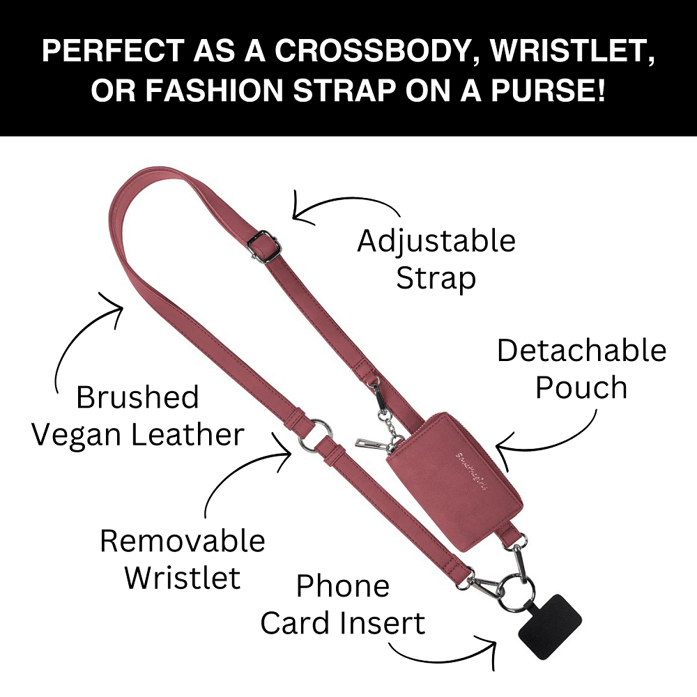 Deep cream rose Clip & Go strap with pouch in brushed vegan leather, gold hardware, from SaveTheGirls, designed for versatile carrying.