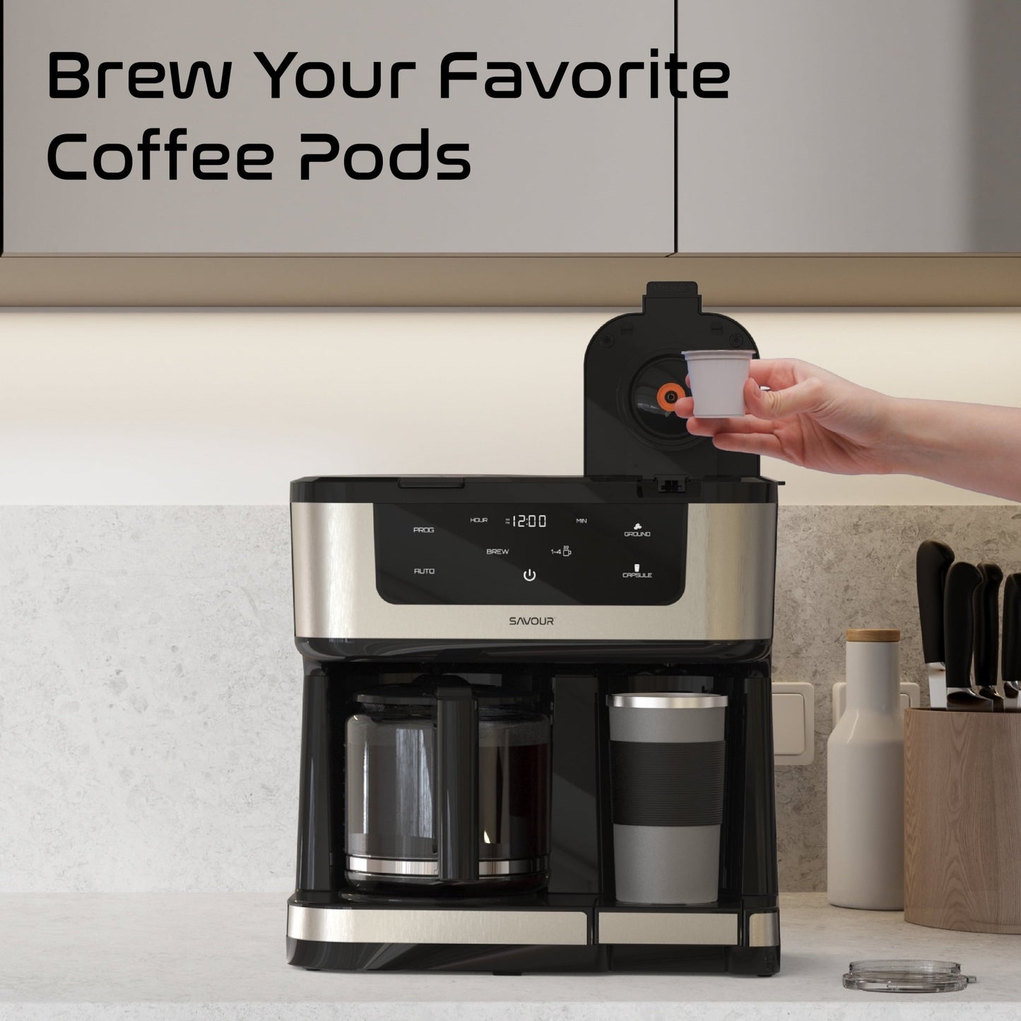 Savour Dual Coffee Maker with 12-cup programmable coffee pot and single-serve coffee machine on a kitchen countertop.