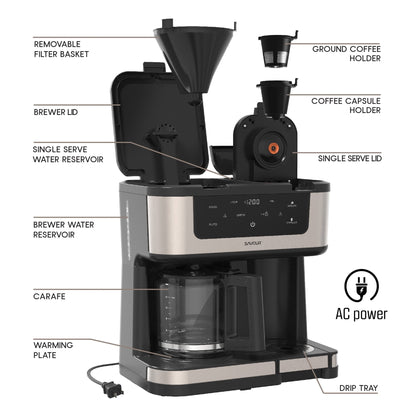 Savour Dual Coffee Maker with 12-cup programmable coffee pot and single-serve coffee machine in black and silver