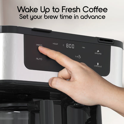Savour Dual Coffee Maker with 12-cup programmable coffee pot and single-serve coffee machine on a kitchen countertop.