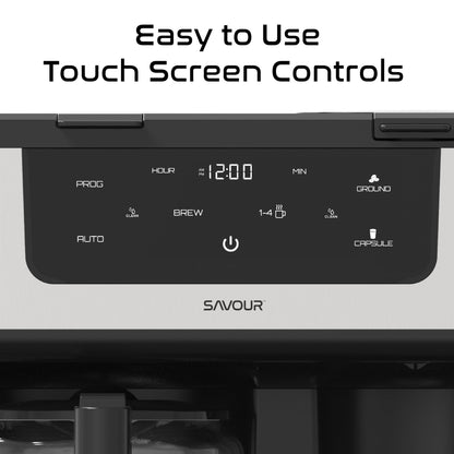 Savour Dual Coffee Maker with 12-cup programmable coffee pot and single-serve coffee machine in a modern kitchen setting.
