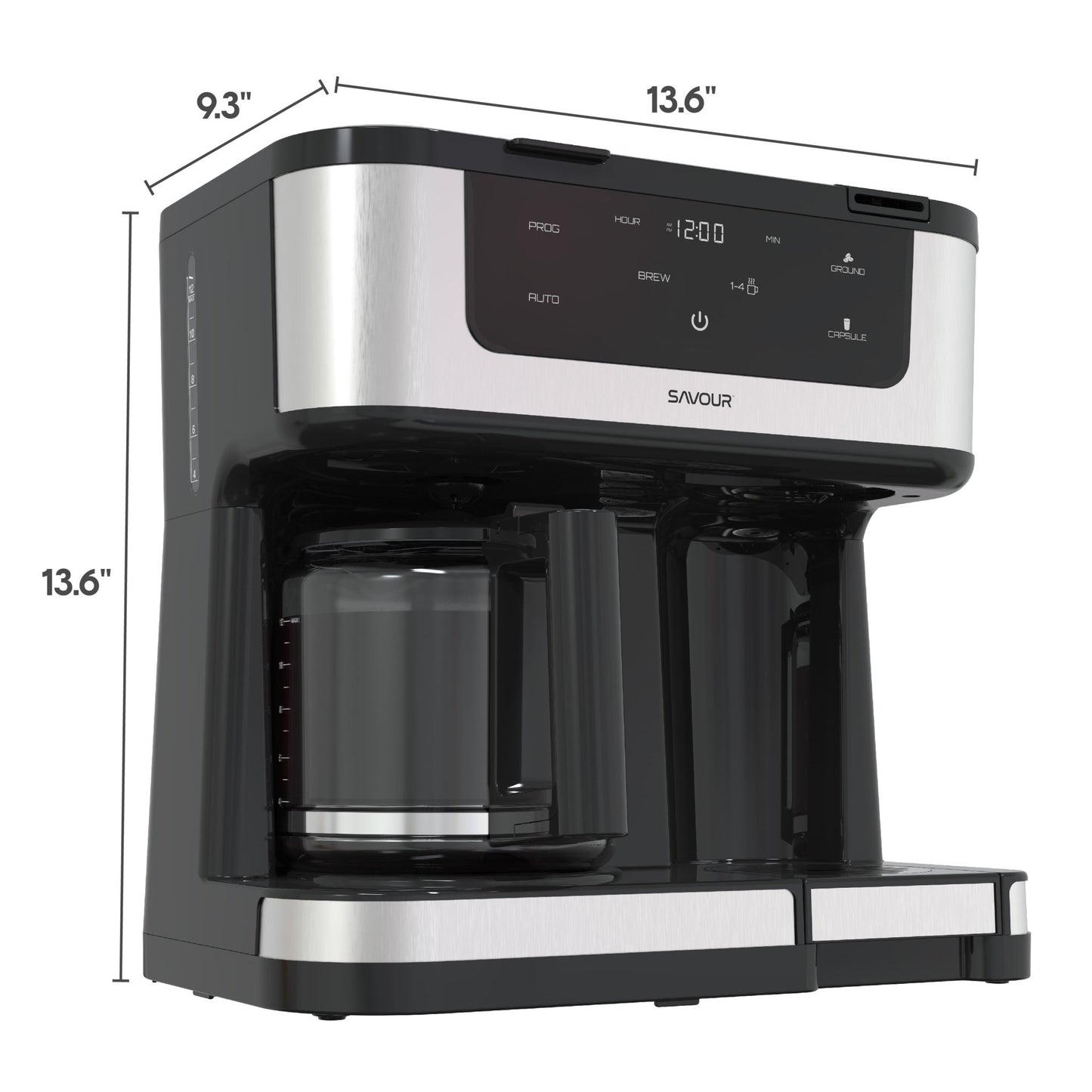 Savour Dual Coffee Maker with 12-cup programmable coffee pot and single serve coffee machine on a kitchen countertop
