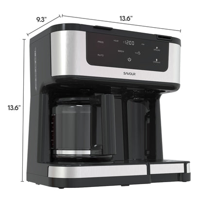 Savour Dual Coffee Maker with 12-cup programmable coffee pot and single serve coffee machine on a kitchen countertop